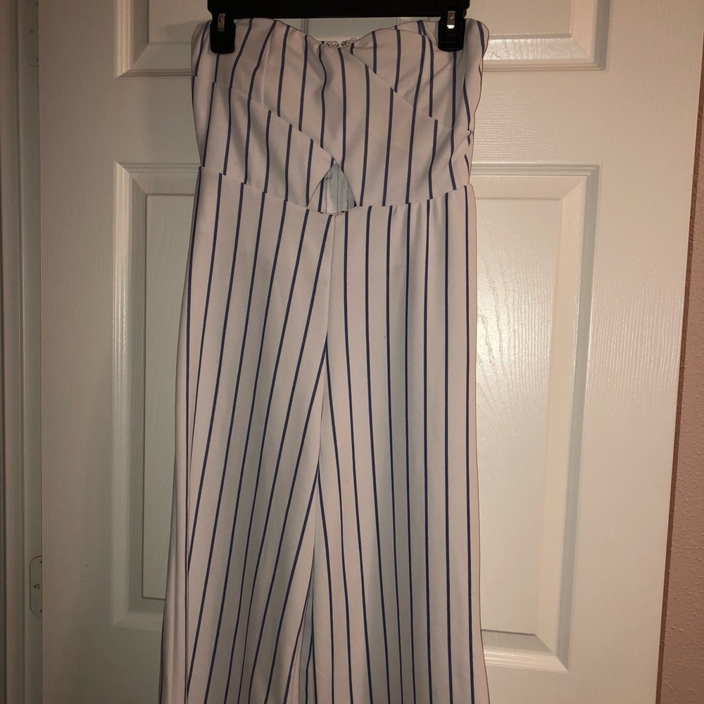 strapless white and blue romper